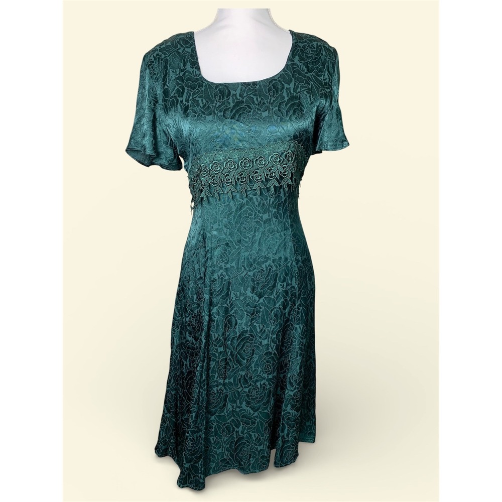 Vintage 80s Jody California Emerald Green Floral Satin Jacquard Lace Midi Dress